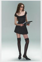 Pinstripe Lace-Trim Mini Dress - Women'S Cap Sleeve Square Neck Fit And Flare Cocktail Dress