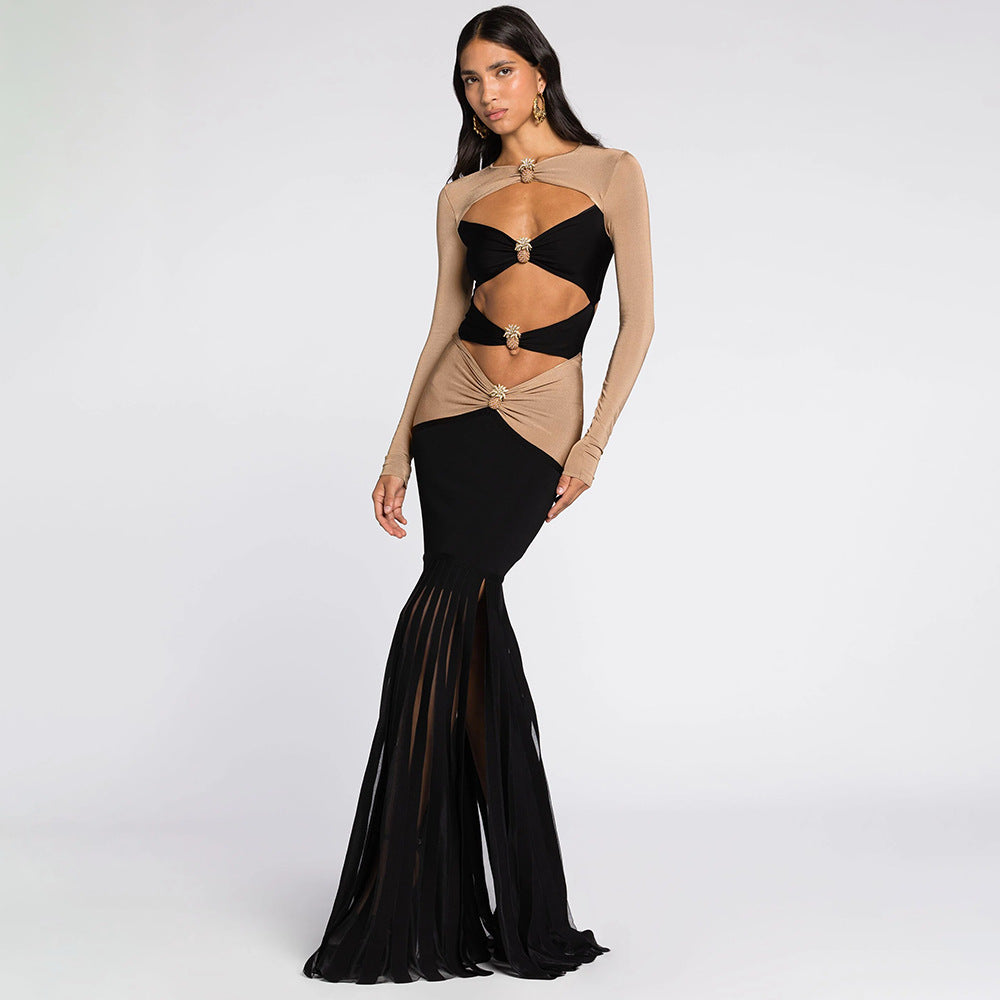 Two Colors Pineapple Decorative Long Sleeve Hollow Out Cutout Out Dress Mesh Semi Transparent Dress