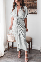 Luv Satin Tie Front Midi Shirt Dress Olive