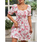 Tatiana Chic Women's Floral Basic Dress with Puff Sleeves and Adjustable Neckline Boutique Collection