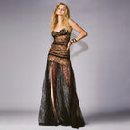 Black Pleated Lace Spaghetti Straps Sleeveless Maxi Evening Dresses Dress