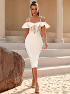 Party Cocktail Dress Spaghetti Strap Ruffle Tube Top off Shoulder Lace Bandage One Piece Dress