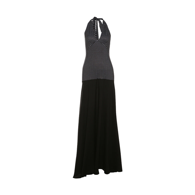 Personality Polka Dot Self Tie Halter V neck Backless Dress