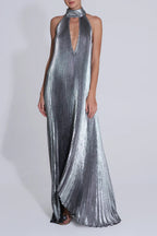 Celebration Party Pleated Metallic Fabric High Deep V-cutout Halter Neck A-line Maxi Dress