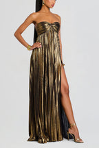 Metallic Sexy Tube Top Pleated High Slit Maxi Dress