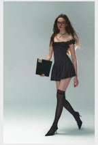 Pinstripe Lace-Trim Mini Dress - Women'S Cap Sleeve Square Neck Fit And Flare Cocktail Dress
