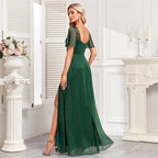 Quality Elegant Short Sleeve Square Collar Shiny Bright Tulle Evening Dress A Line Side Slit Prom Maxi Dress