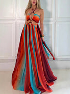 Colorful lucky chiffon printed ring with hollowed out design, slit holiday dress