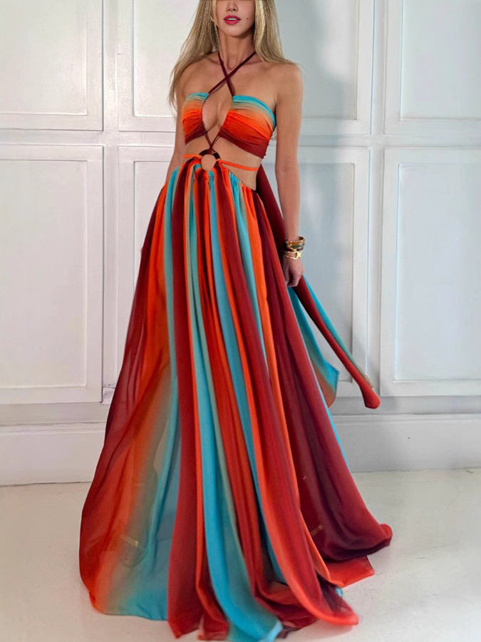 Colorful lucky chiffon printed ring with hollowed out design, slit holiday dress