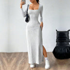 Simple Elegant Dress Square Collar Backless Long Sleeve Mid Length Dress