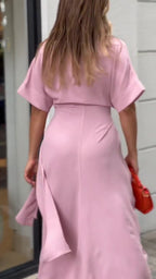 Essence Satin Tie Front Midi Shirt Dress Lavender