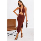 Cotton Cutout Halter Midi V Neck Dress