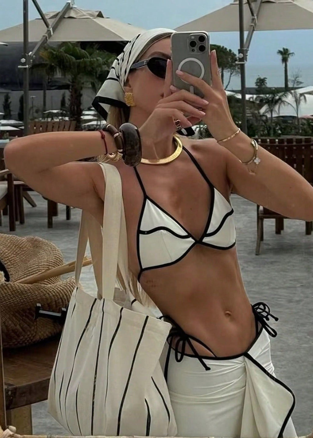 Tivara - Three-Piece Contrast Trim Bikini & Maxi Skirt Set