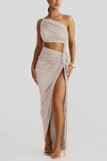 Juliana Rope Detail Ruched One Shoulder Cutout Stretch Maxi Dress