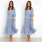 Floral Fresh Sweet Mid - Sleeve V neck Dress