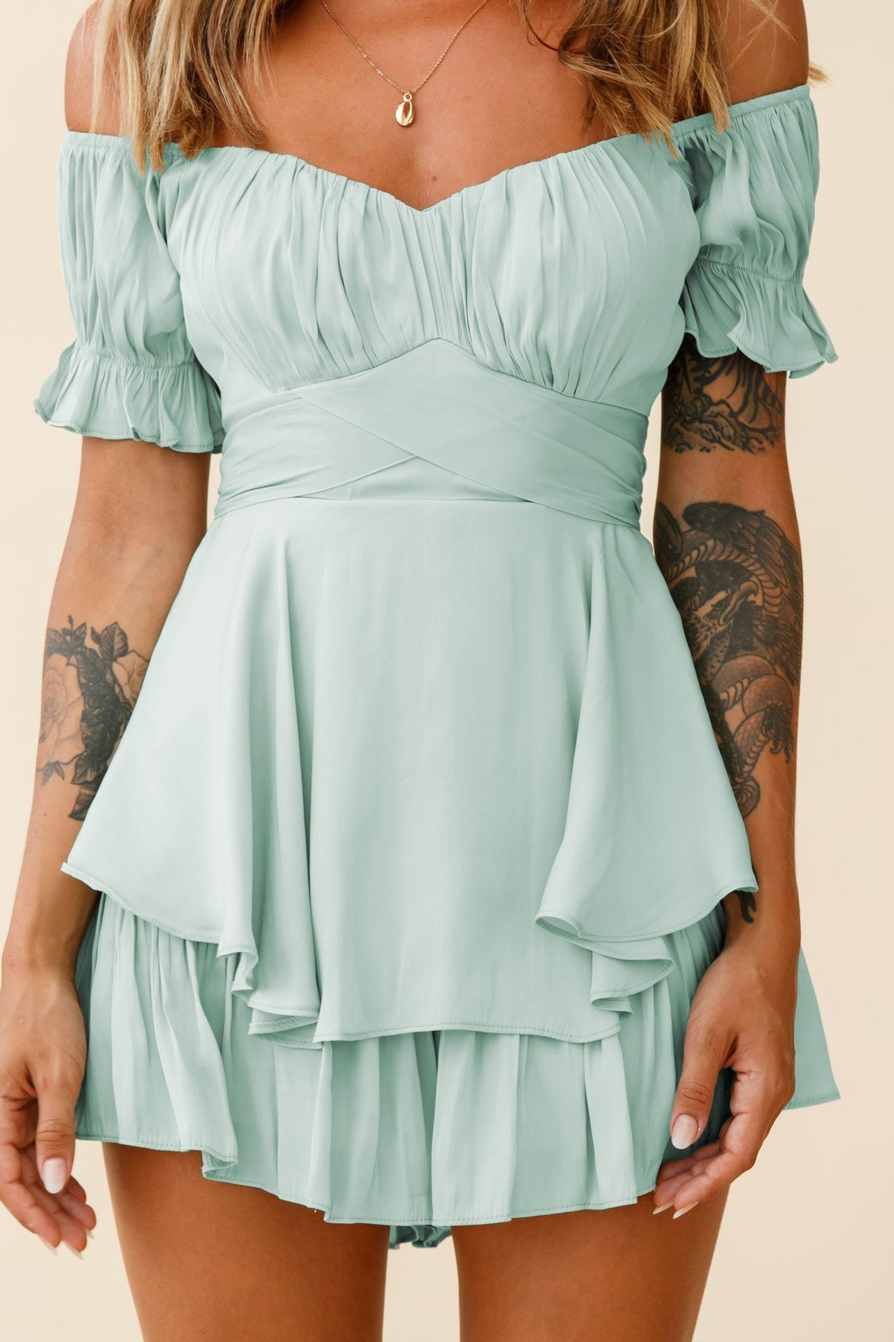 Mahoney Smocked Ruffle Mini Dress Pistachio