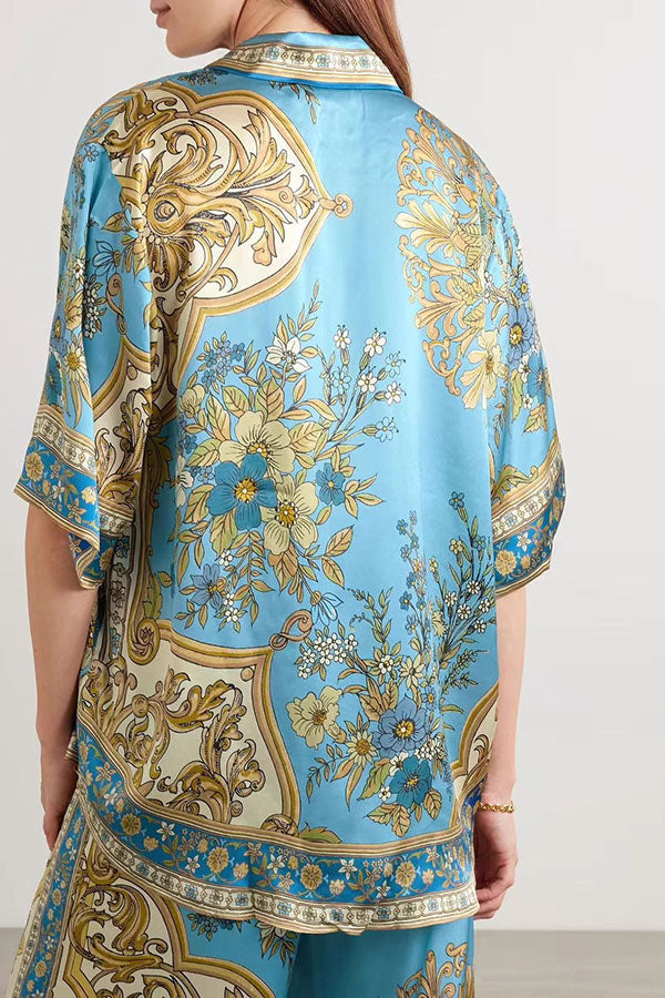 Satin Floral Print Loose Shirt and Elastic Waist Pocket Casual Wide-leg Pants