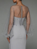 Strapless Puff Sleeves Shiny Glitter Wedding Dress