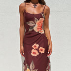 Floral Mesh Tie Split Bodycon Cami Party Dress