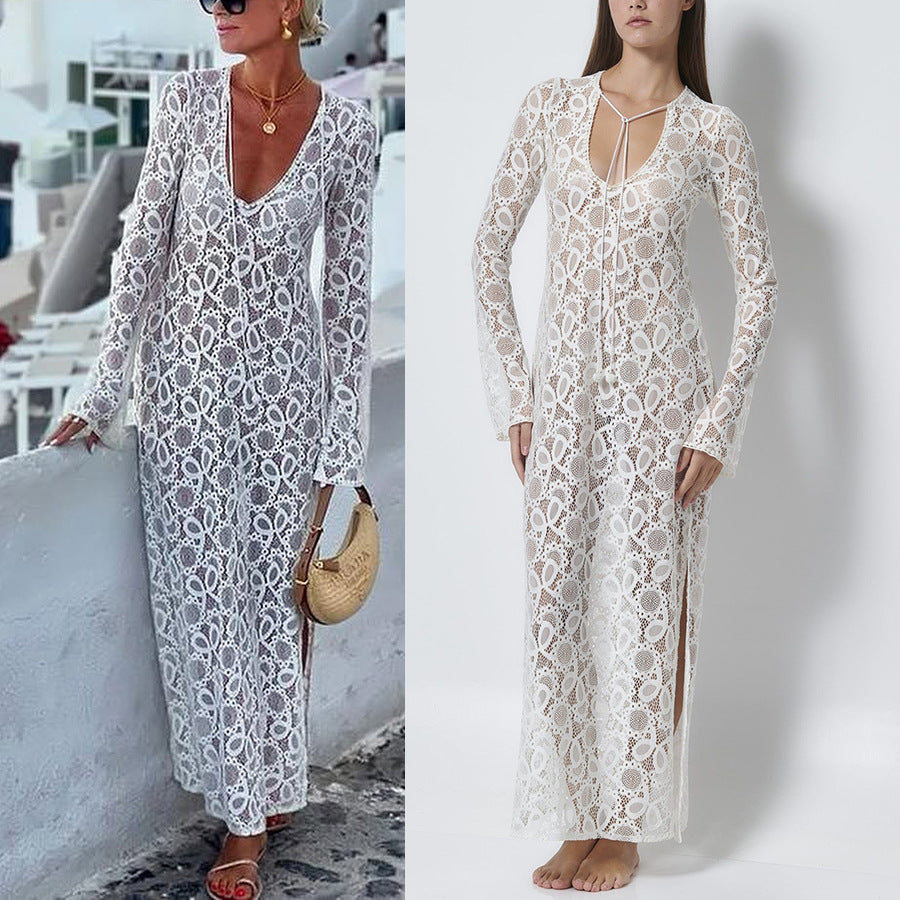 Women's Lace Lace White Lucky Flower Dress Long, Long Sleeve Sheer Tie INS Loose Holiday Split Dresses