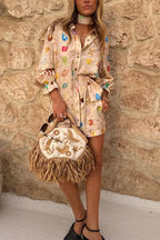 Fashionable Gold Stamping Unique Printing Lapel Long Sleeve Shirt and Elastic Waist Casual Pocket Shorts Set