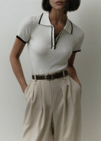 Vienna Line - Ribbed Knit Polo Top with Contrast Trim