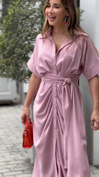Essence Satin Tie Front Midi Shirt Dress Lavender