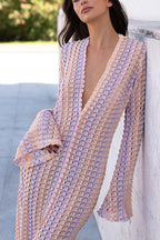 Eleanor Knit Colorful Wave Unique Print Shirt U-neck Long Sleeve Slit Maxi Dress