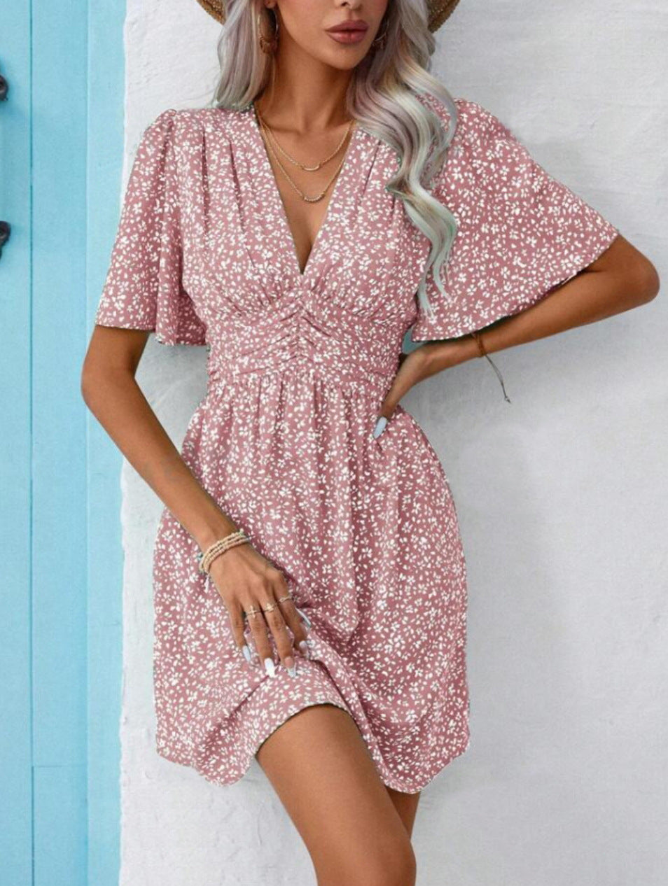 Vania Minimalist Women's Floral Dress with Chic V Neck and Voluminous Sleeves Boutique Collection