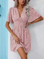Vania Minimalist Women's Floral Dress with Chic V Neck and Voluminous Sleeves Boutique Collection