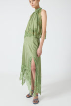 Modern Muse Satin Lace Trim Pleated Neck Top and A-line Irregular Slit Skirt Set