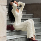 Solid Color Woolen Dress Long Sleeve U Collar Slim Fit Dress