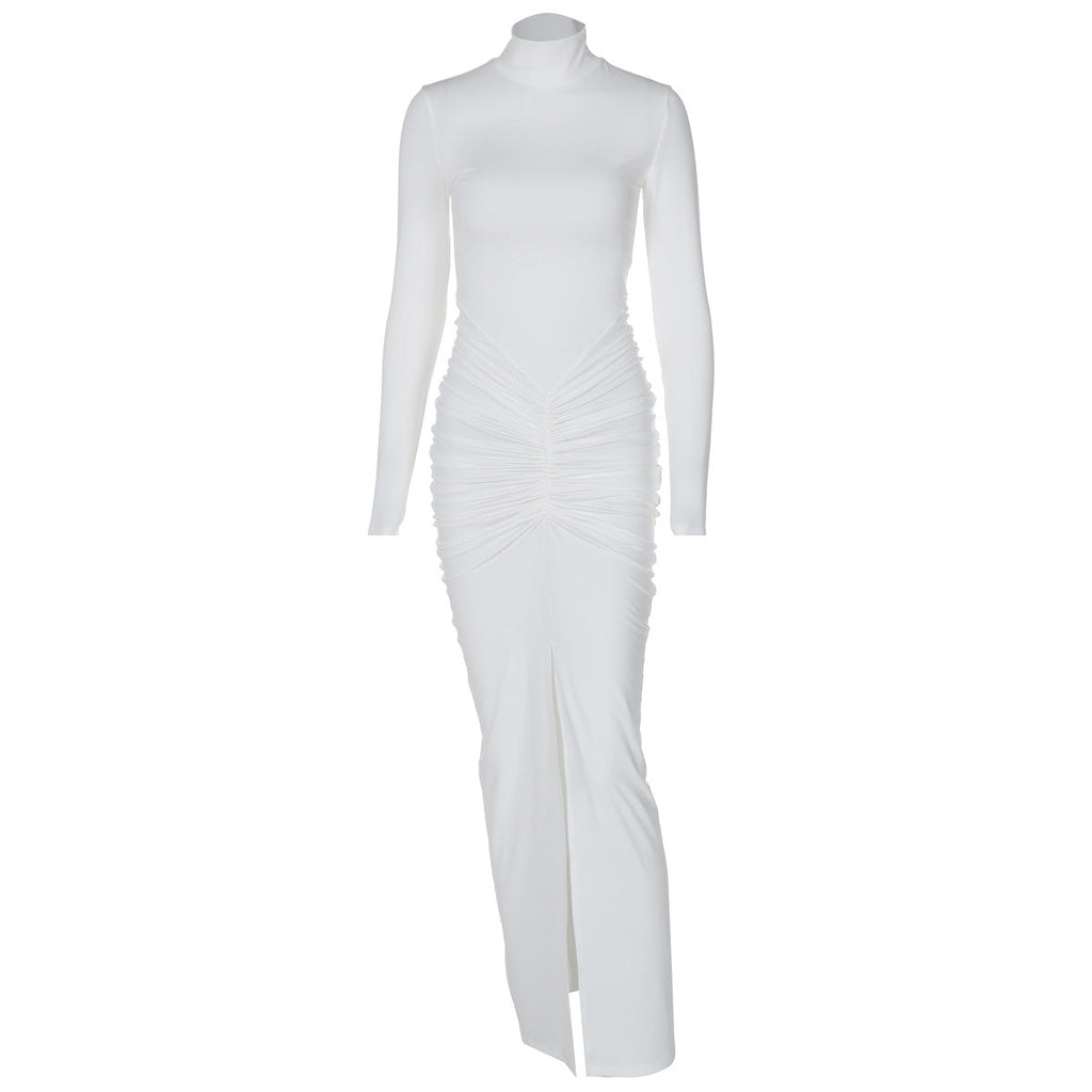 Half High Collar Long Sleeves Slim Fit Fold Split Maxi Dress
