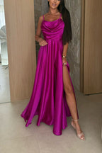 Solid Color Suspender Back Pleated Elegant Slit Full Hem Maxi Dress