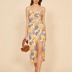 Fauve Floral Satin Cowl Neck Midi Dress Yellow