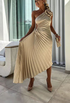 Romantic Nights Satin Raised Flower Elastic Cutout One Shoulder Pleated Maxi Dress