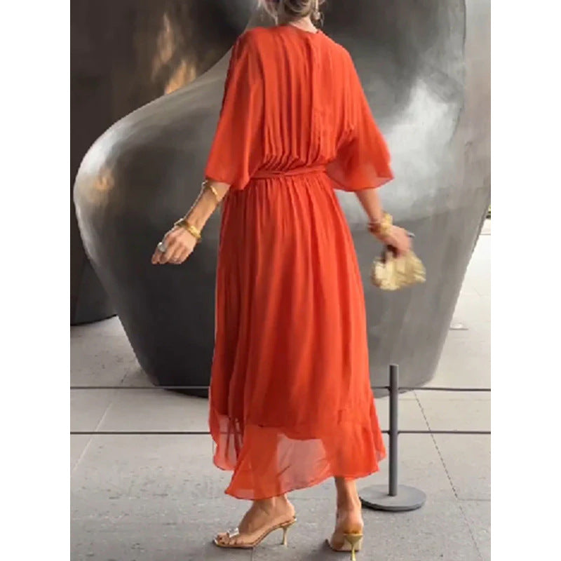 Natasha Minimalist Midi Dress with V Neckline and Loose Sleeves Chic Silhouette Collection
