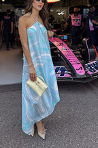 Elmhurst Satin Unique Print Chain Halter Draped Scarf Midi Dress