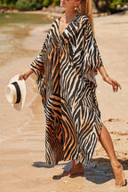 Simple Unique Printed Pleated Front Slit Cover Up