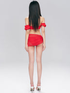 Red Off-Shoulder Ruffle Bikini Set with Sheer Sarong