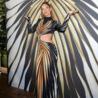 Personalized Striped Printed Ethnic Retro Hollow Out Cutout Backless Dress Performance Dress