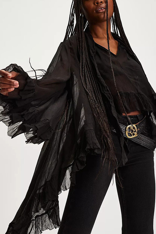Flowy See-through Ruffle Tie-up Neck Bell Sleeve High-low Hem Cape Shirt