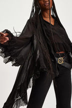 Flowy See-through Ruffle Tie-up Neck Bell Sleeve High-low Hem Cape Shirt