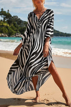 Simple Unique Printed Pleated Front Slit Cover Up