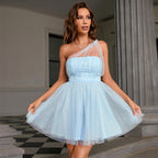 Mesh Wrapped Chest Sweet Princess Dress Backless One - Shoulder Dress