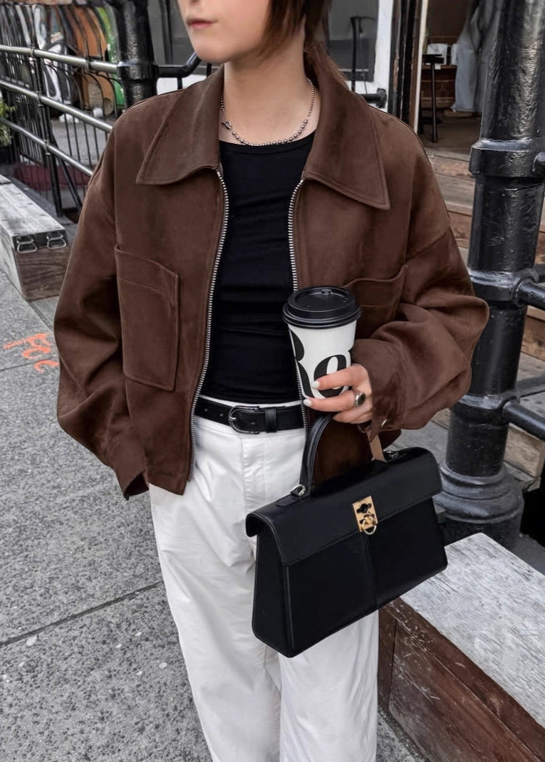 Cropped Brown Jacket – Zip Front Faux Suede Outerwear
