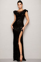 Keve Black Sequinned Slit Maxi Dress