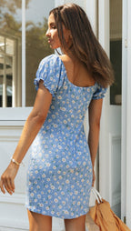 Tarah Floral Tie Front Mini Dress Dusty Blue