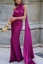 Crush on You Satin One Shoulder Backless Cape Maxi Dress