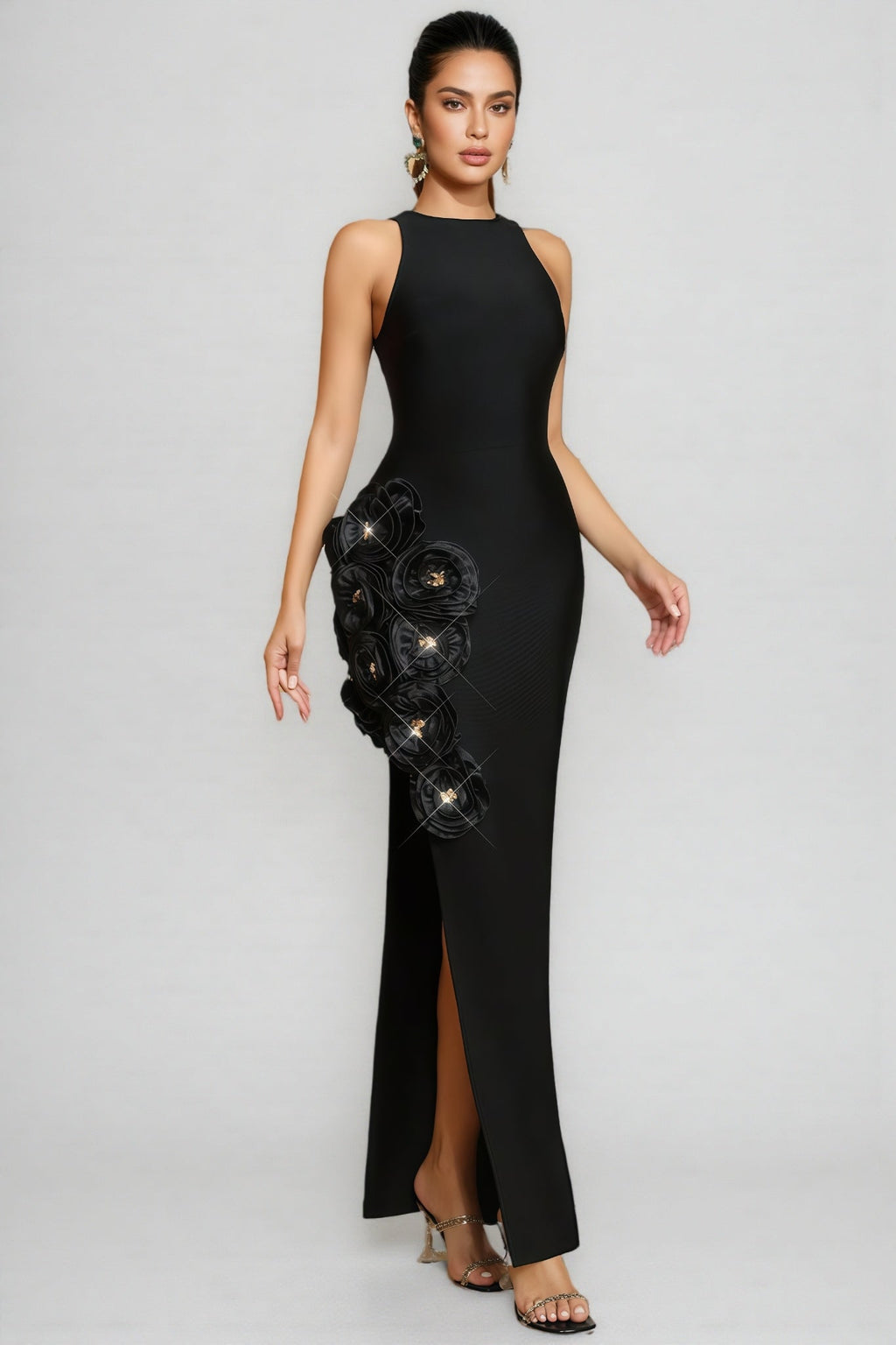 Noa Black 3D Floral Bandage Maxi Dress